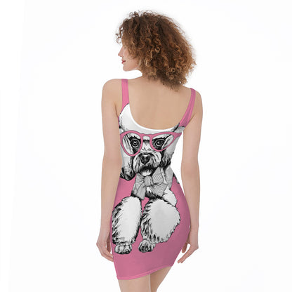 Poodle With Glasses Print Sleeveless Bodycon Dress