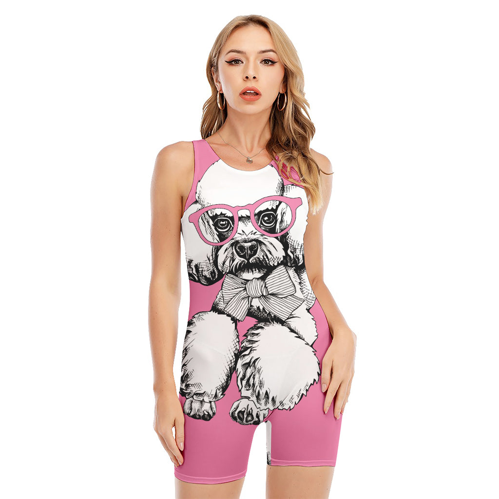 Poodle With Glasses Print Sleeveless One Piece Swimsuit