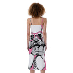 Poodle With Glasses Print Slim Fit Midi Cami Dress