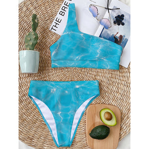 Pool Water Surface Print One Shoulder Bikini Top