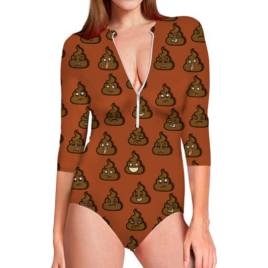Poop Emoticons Pattern Print Long Sleeve Swimsuit