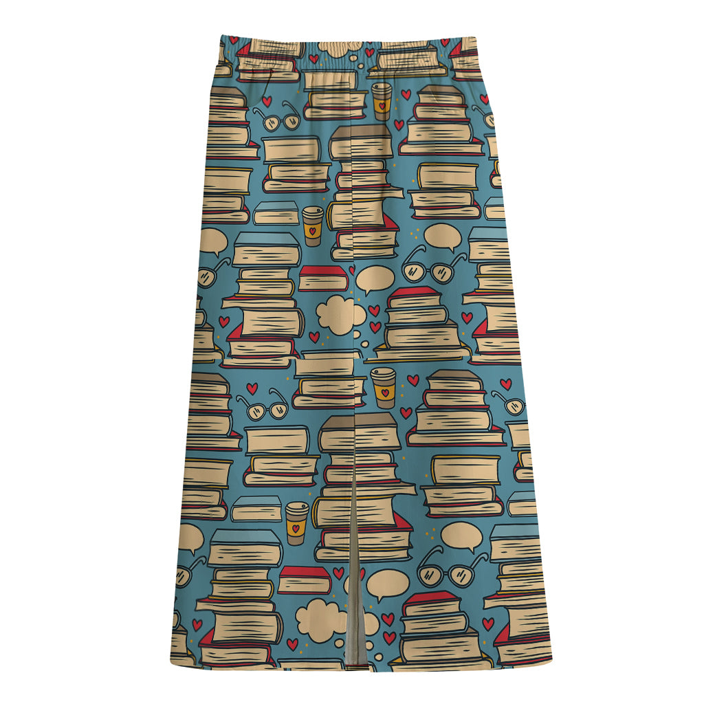 Pop Art Books Pattern Print Cotton Front Slit Maxi Skirt