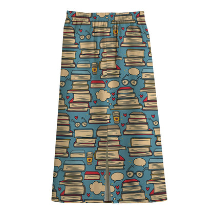 Pop Art Books Pattern Print Cotton Front Slit Maxi Skirt
