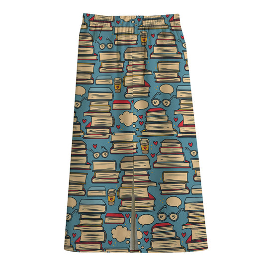 Pop Art Books Pattern Print Cotton Front Slit Maxi Skirt