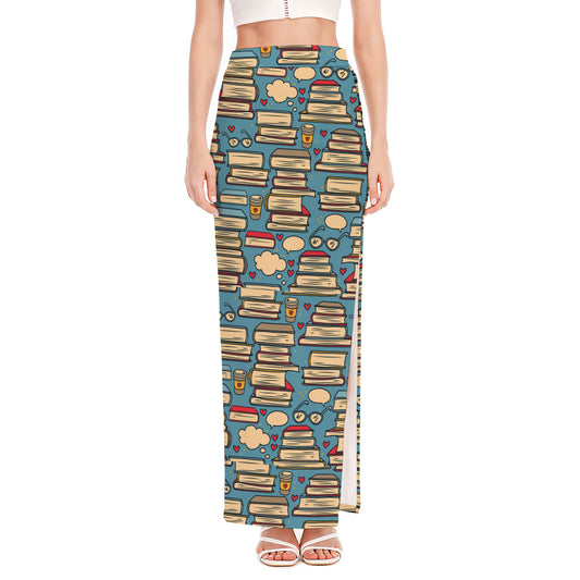 Pop Art Books Pattern Print High Slit Maxi Skirt
