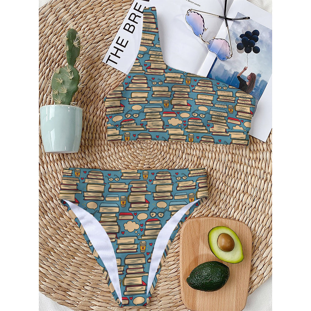 Pop Art Books Pattern Print One Shoulder Bikini Top