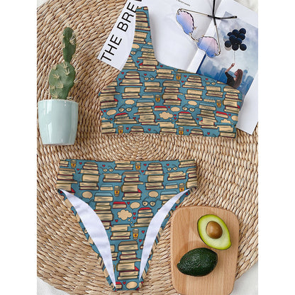 Pop Art Books Pattern Print One Shoulder Bikini Top