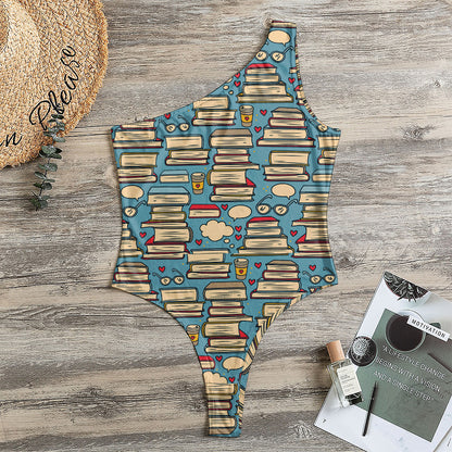 Pop Art Books Pattern Print One Shoulder Bodysuit