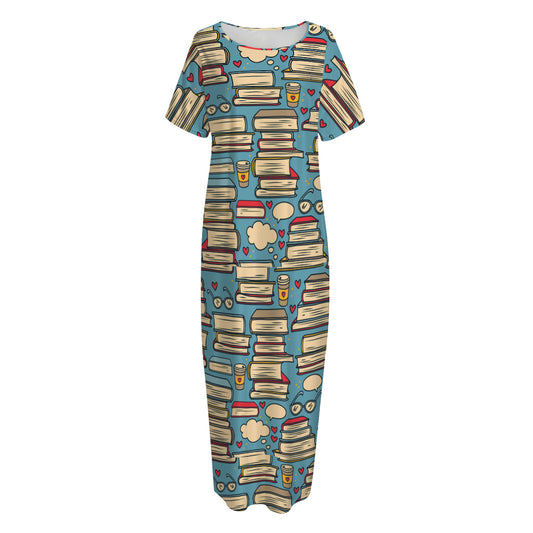 Pop Art Books Pattern Print Short Sleeve Long Nightdress