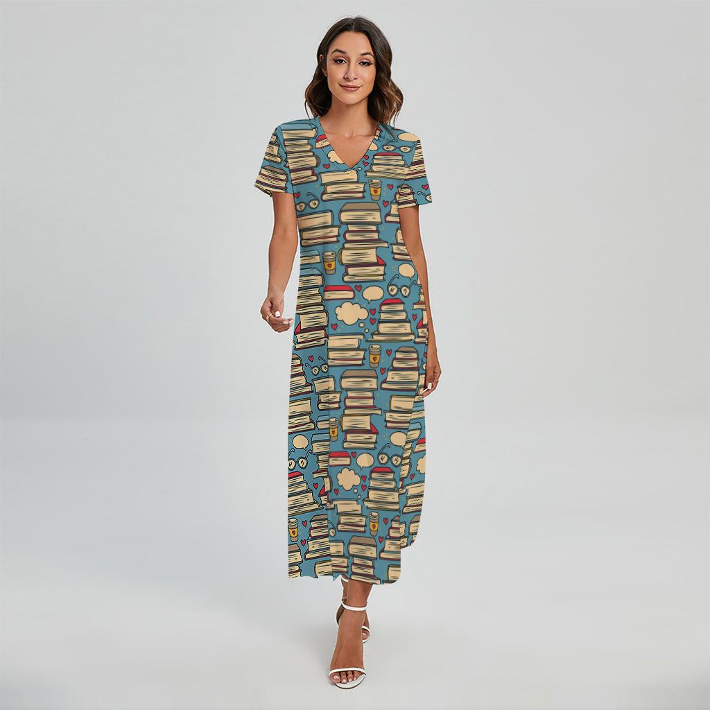 Pop Art Books Pattern Print Short Sleeve Maxi Dress