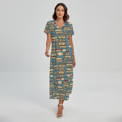 Pop Art Books Pattern Print Short Sleeve Maxi Dress