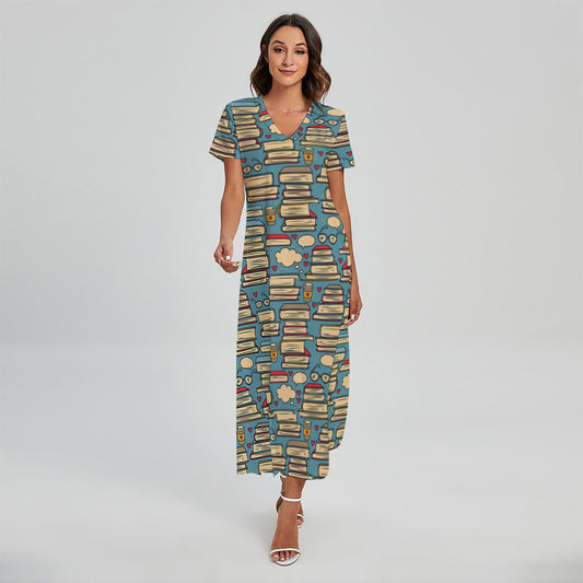 Pop Art Books Pattern Print Short Sleeve Maxi Dress