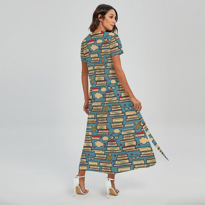 Pop Art Books Pattern Print Short Sleeve Maxi Dress