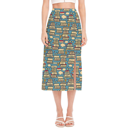 Pop Art Books Pattern Print Side Slit Midi Skirt