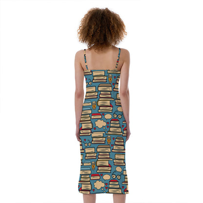 Pop Art Books Pattern Print Slim Fit Midi Cami Dress