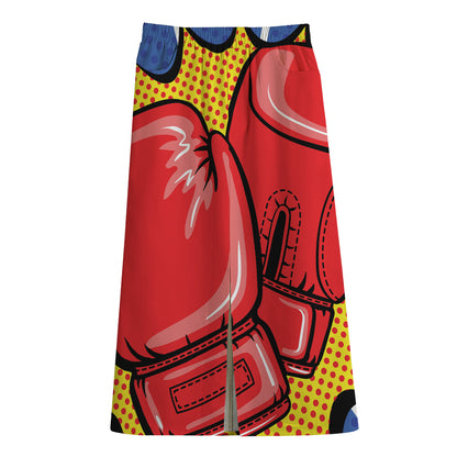 Pop Art Boxing Gloves Print Cotton Front Slit Maxi Skirt