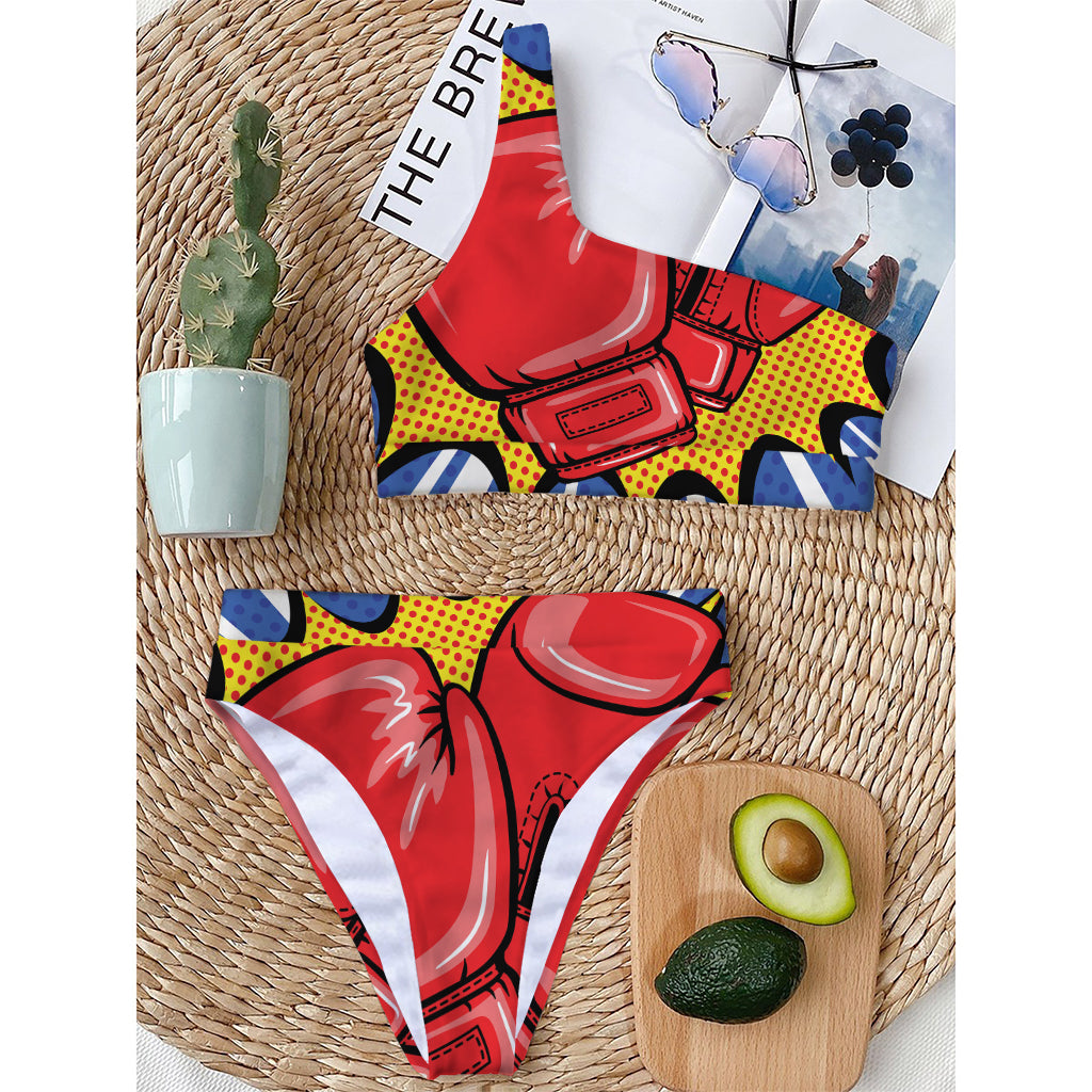 Pop Art Boxing Gloves Print One Shoulder Bikini Top