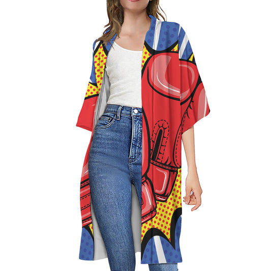 Pop Art Boxing Gloves Print Open Front Beach Cover Up