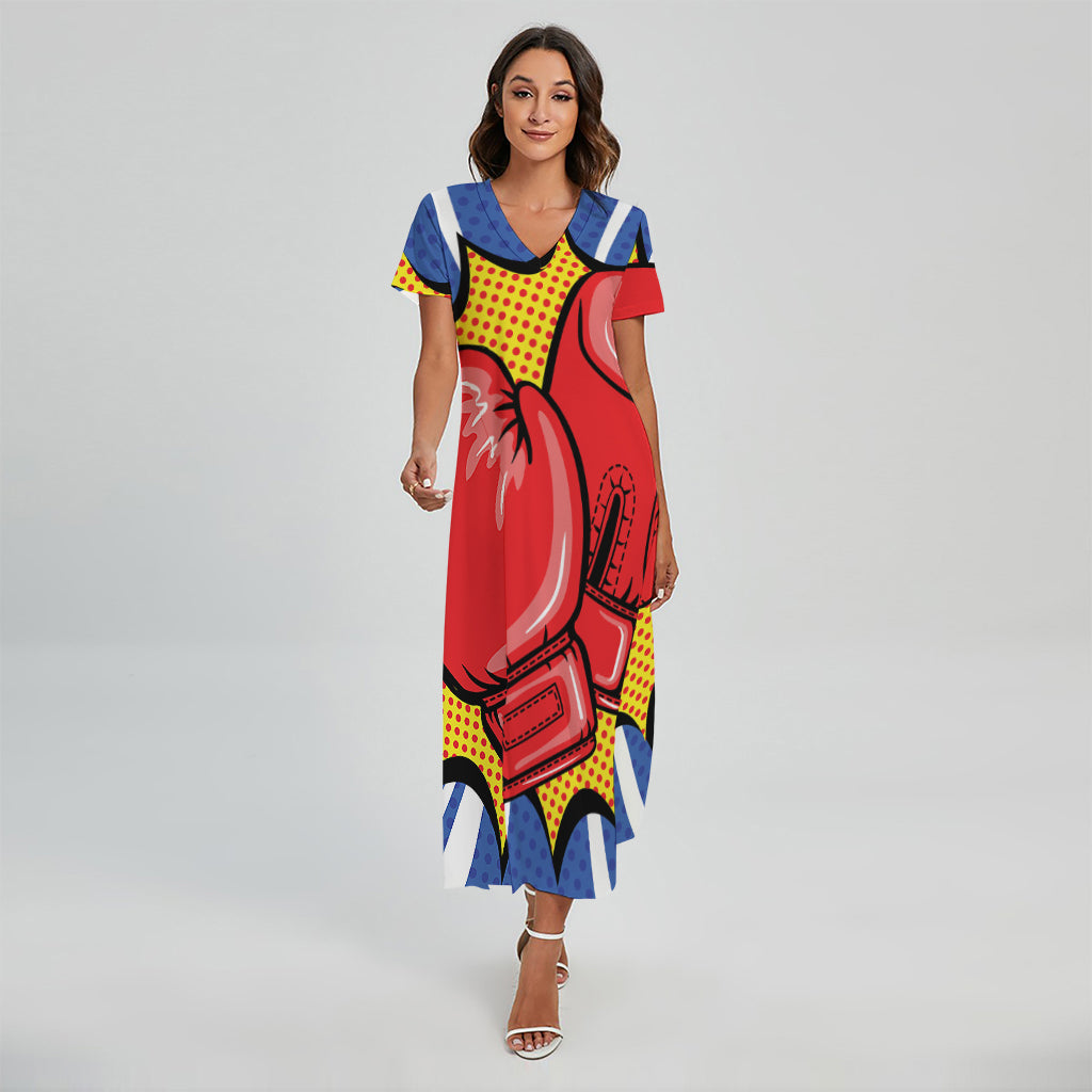 Pop Art Boxing Gloves Print Short Sleeve Maxi Dress