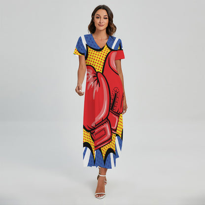 Pop Art Boxing Gloves Print Short Sleeve Maxi Dress