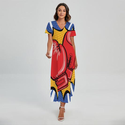 Pop Art Boxing Gloves Print Short Sleeve Maxi Dress