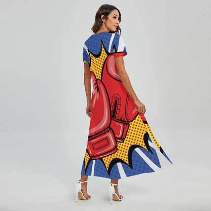 Pop Art Boxing Gloves Print Short Sleeve Maxi Dress