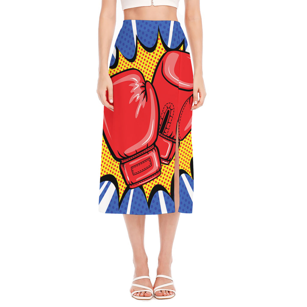 Pop Art Boxing Gloves Print Side Slit Midi Skirt