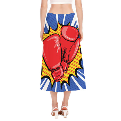 Pop Art Boxing Gloves Print Side Slit Midi Skirt