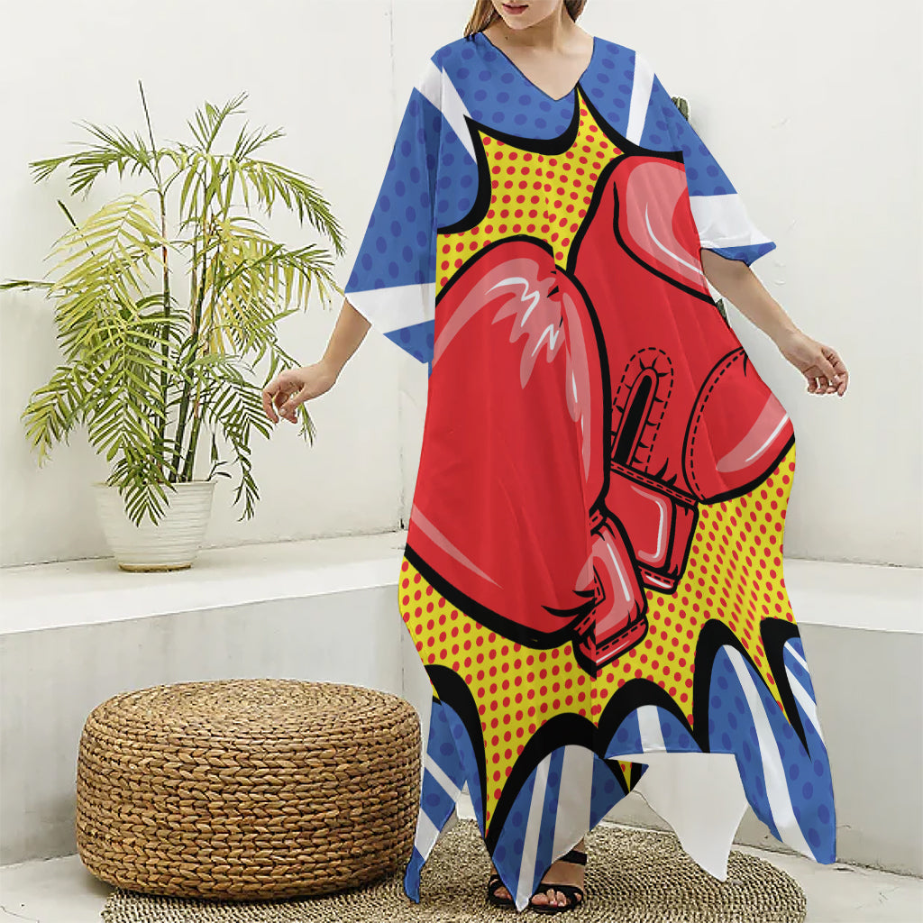 Pop Art Boxing Gloves Print Silk V-Neck Kaftan Dress