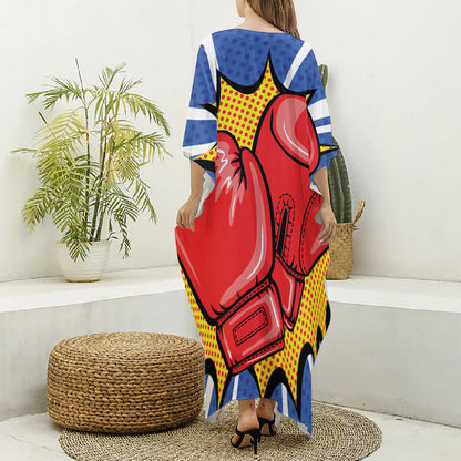 Pop Art Boxing Gloves Print Silk V-Neck Kaftan Dress