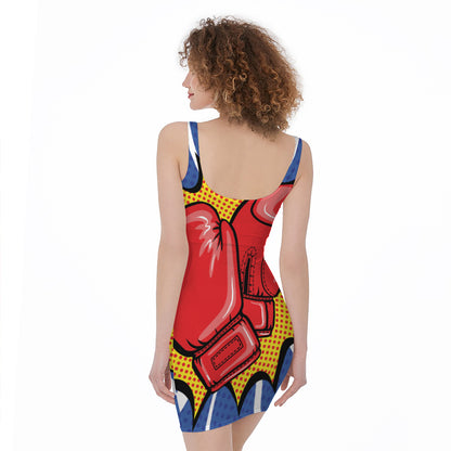 Pop Art Boxing Gloves Print Sleeveless Bodycon Dress