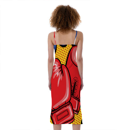 Pop Art Boxing Gloves Print Slim Fit Midi Cami Dress