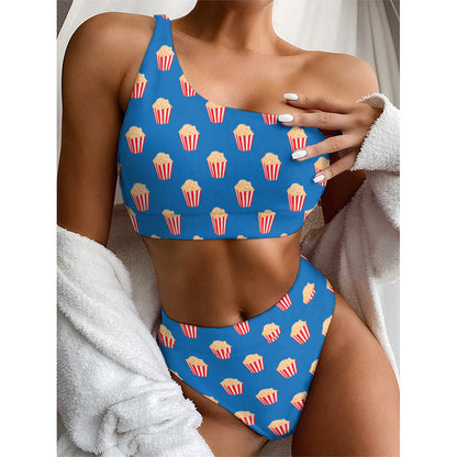 Popcorn Box Pattern Print One Shoulder Bikini Top