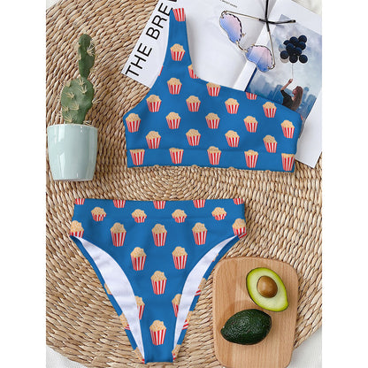 Popcorn Box Pattern Print One Shoulder Bikini Top