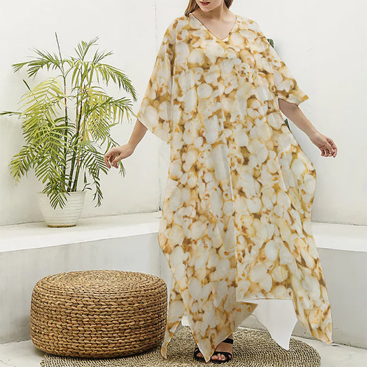 Popcorn Print Silk V-Neck Kaftan Dress