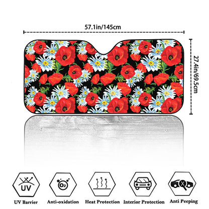 Poppy And Chamomile Pattern Print Car Windshield Sun Shade