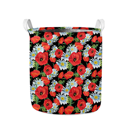 Poppy And Chamomile Pattern Print Collapsible Laundry Basket