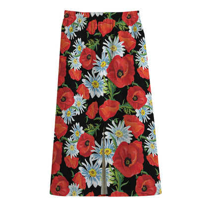 Poppy And Chamomile Pattern Print Cotton Front Slit Maxi Skirt