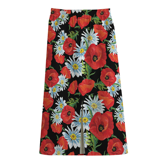 Poppy And Chamomile Pattern Print Cotton Front Slit Maxi Skirt