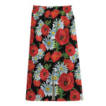 Poppy And Chamomile Pattern Print Cotton Front Slit Maxi Skirt