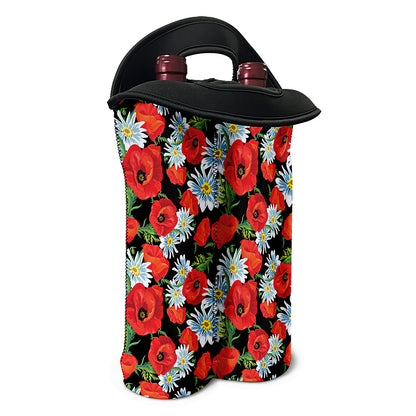 Poppy And Chamomile Pattern Print Double Neoprene Wine Tote
