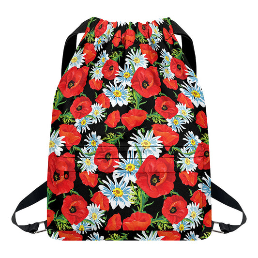 Poppy And Chamomile Pattern Print Drawstring Backpack