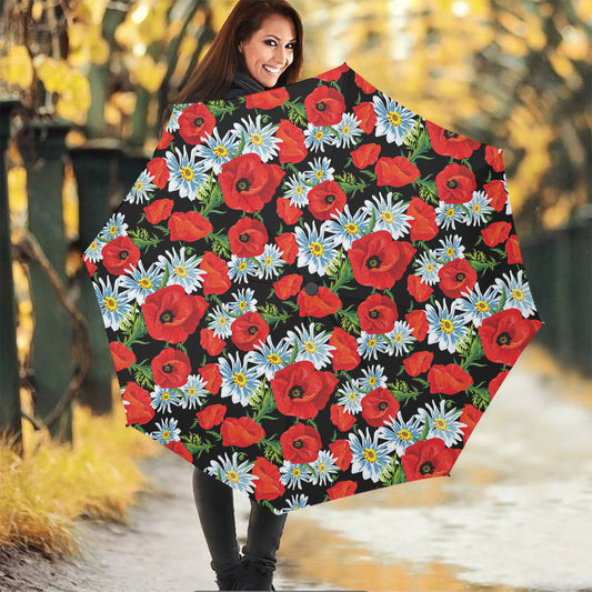 Poppy And Chamomile Pattern Print Foldable Umbrella