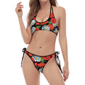 Poppy And Chamomile Pattern Print Halter Scoop Tie Side Bikini