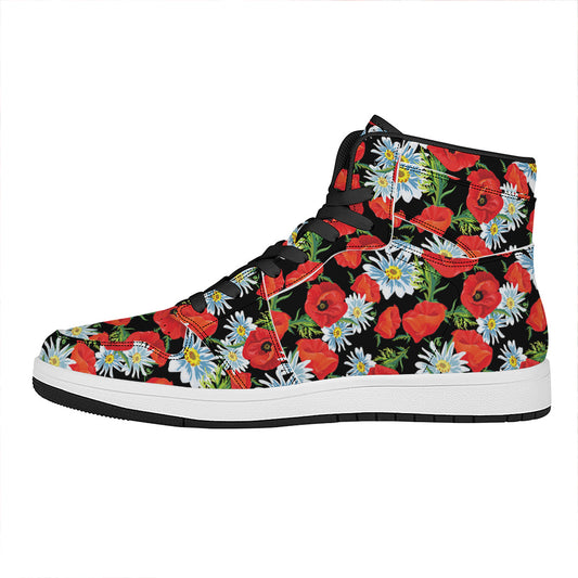 Poppy And Chamomile Pattern Print High Top Leather Sneakers