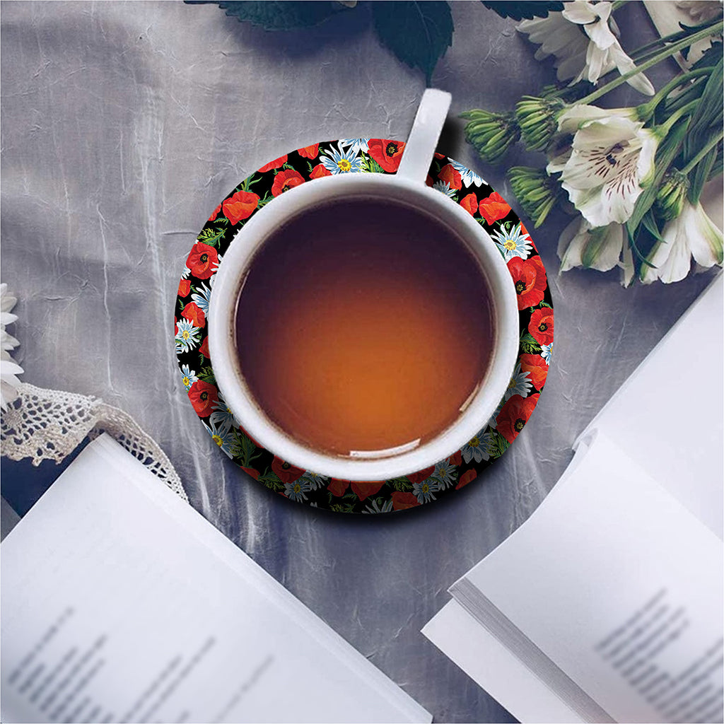 Poppy And Chamomile Pattern Print Leather Coaster Set
