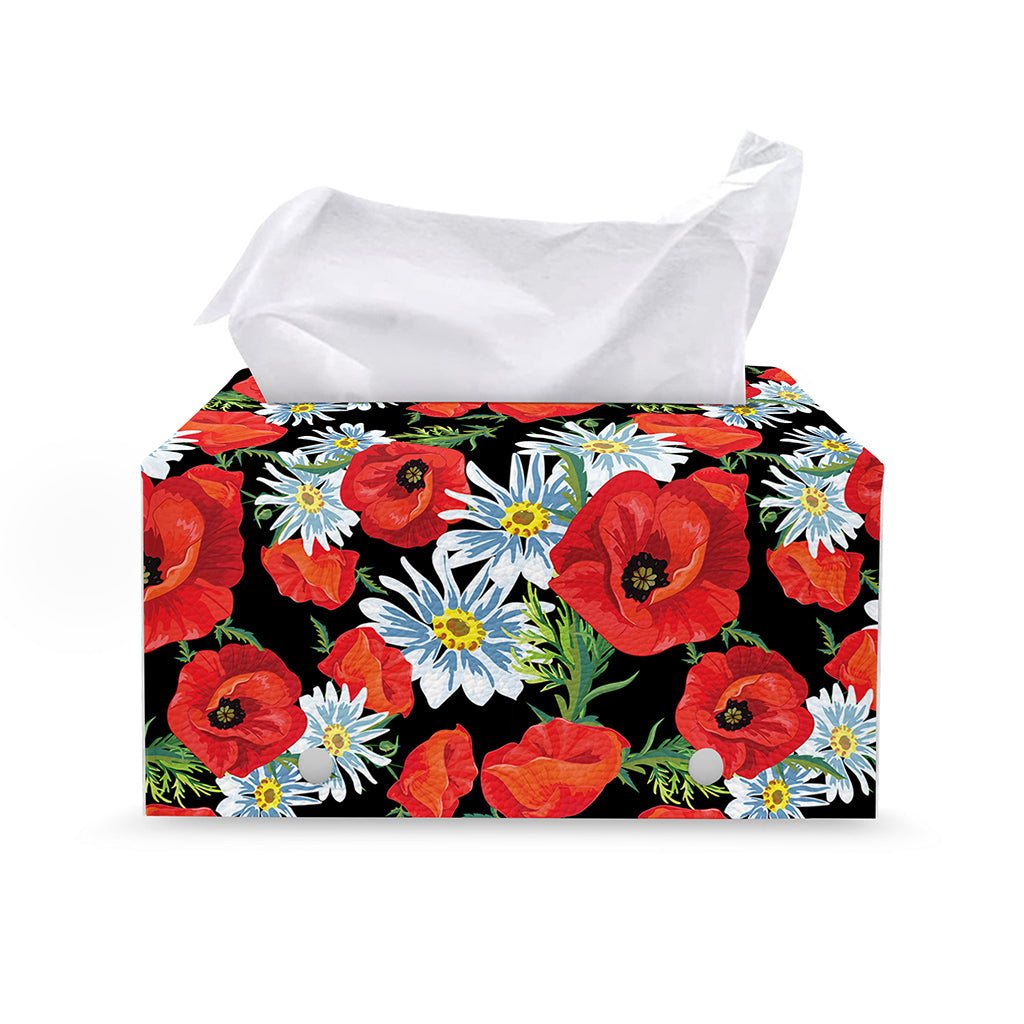 Poppy And Chamomile Pattern Print Leather Tissue Box Cover