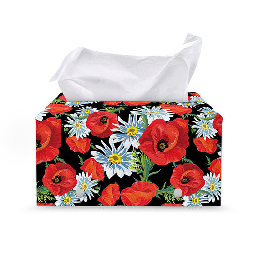 Poppy And Chamomile Pattern Print Leather Tissue Box Cover