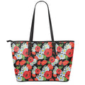 Poppy And Chamomile Pattern Print Leather Tote Bag With Zipper