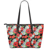 Poppy And Chamomile Pattern Print Leather Tote Bag